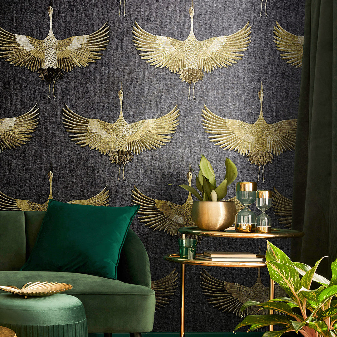 Високоустойчив Тапет Жерави Плат черно Кумано