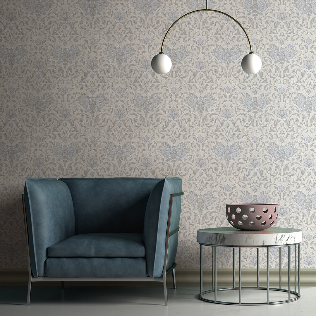 Луксозен Тапет Сивосини Орнаменти Кремаво City Romance