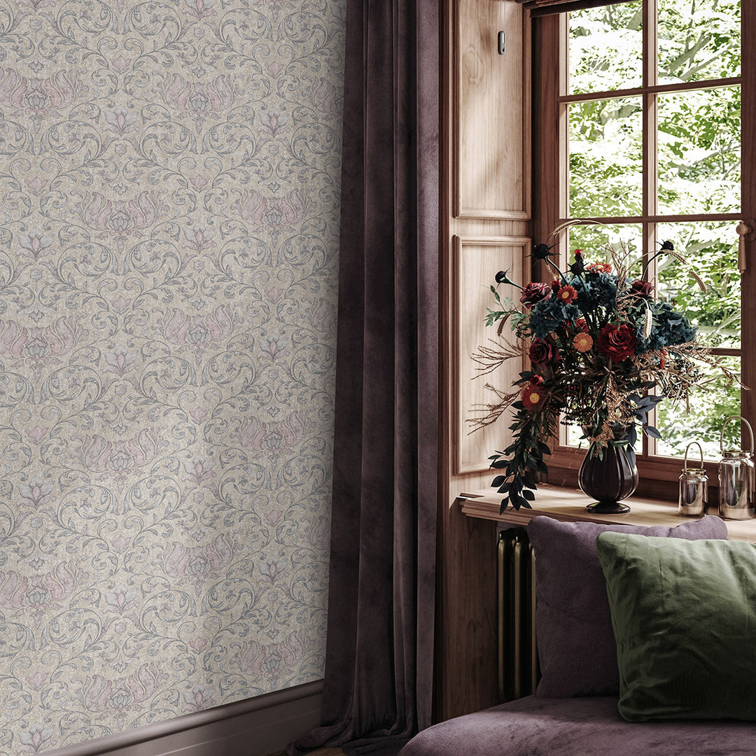 Луксозен Тапет Розови Орнаменти Сиво бежово City Romance