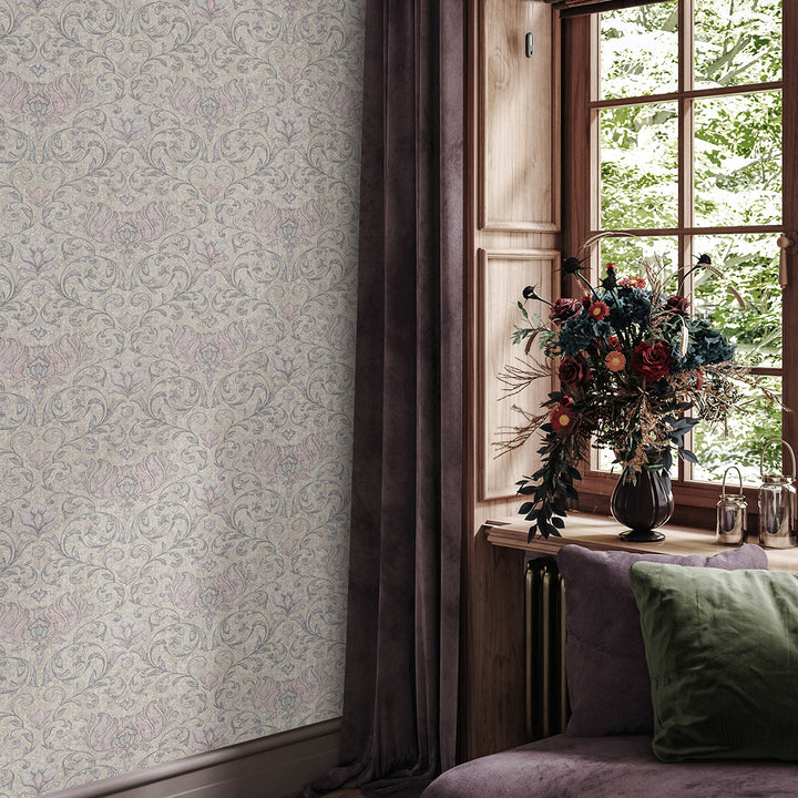Луксозен Тапет Розови Орнаменти Сиво бежово City Romance