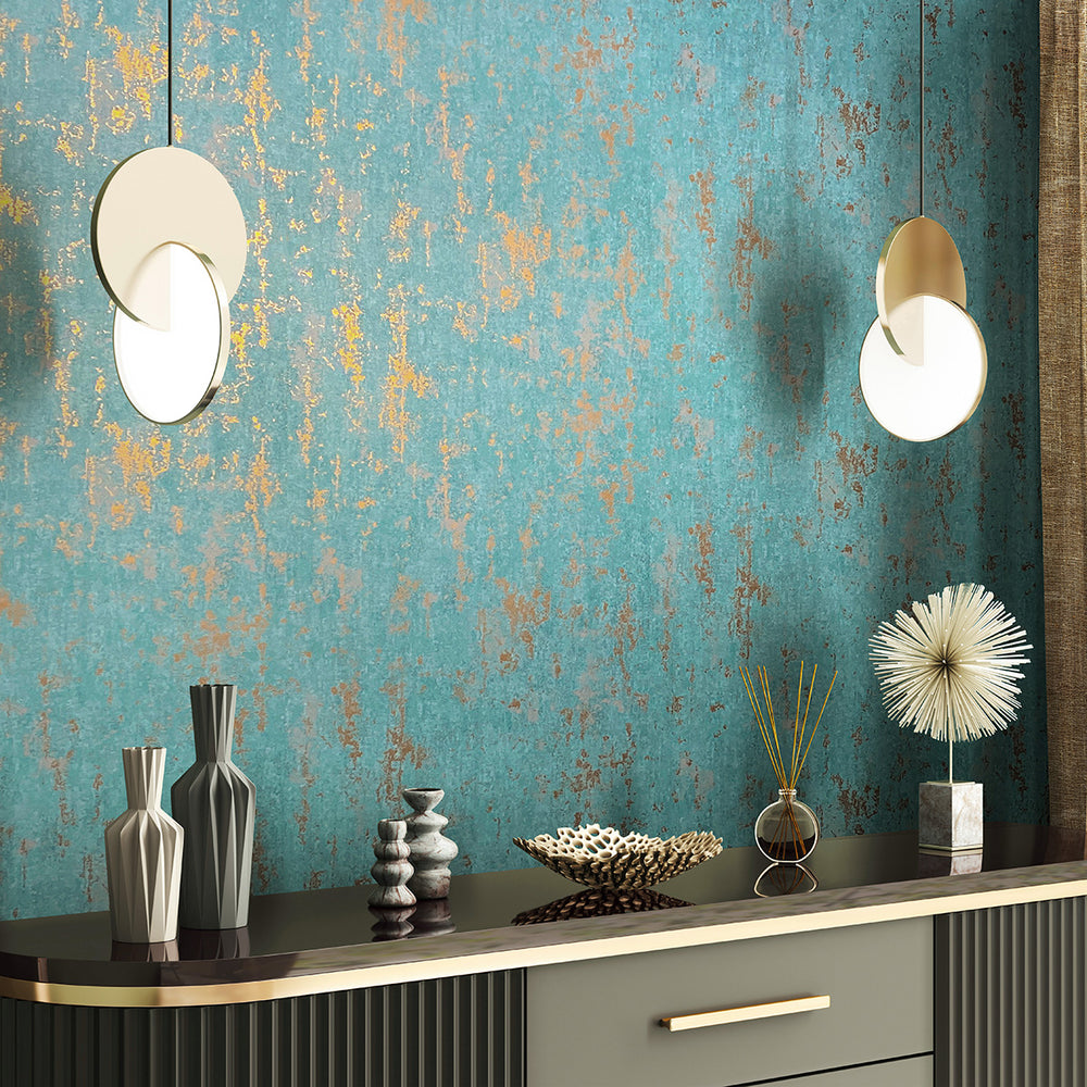 Луксозен Тапет Винтидж мазилка Тюркоазено-златно City Romance