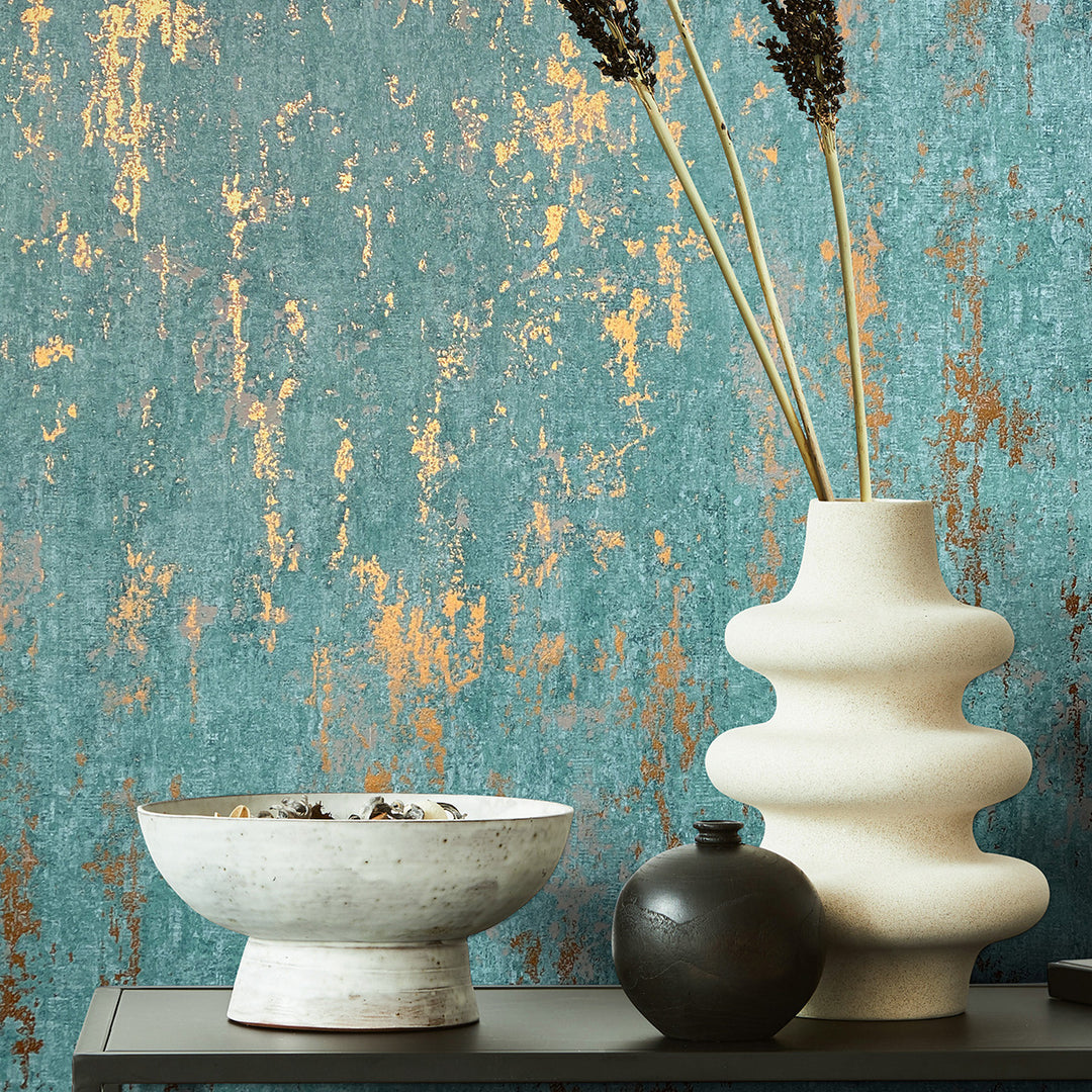 Луксозен Тапет Винтидж мазилка Тюркоазено-златно City Romance