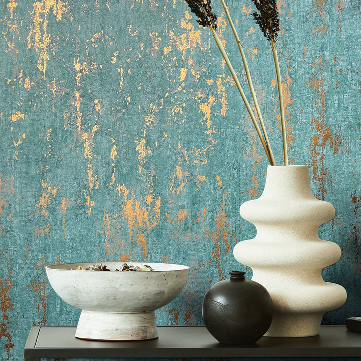 Луксозен Тапет Винтидж мазилка Тюркоазено-златно City Romance
