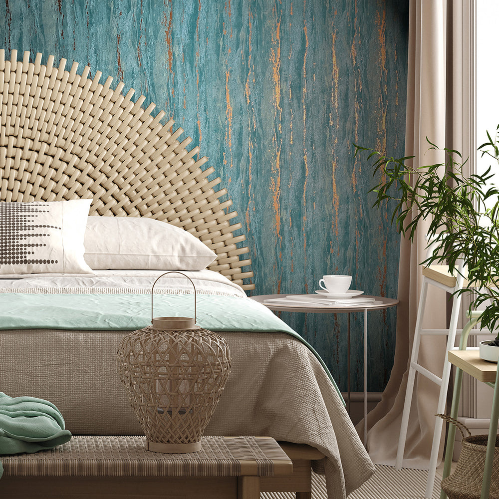 Луксозен Тапет Вертикална мазилка Тюркоазено-златно City Romance