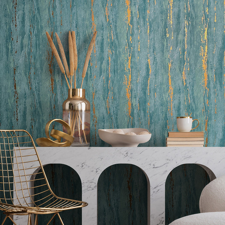 Луксозен Тапет Вертикална мазилка Тюркоазено-златно City Romance