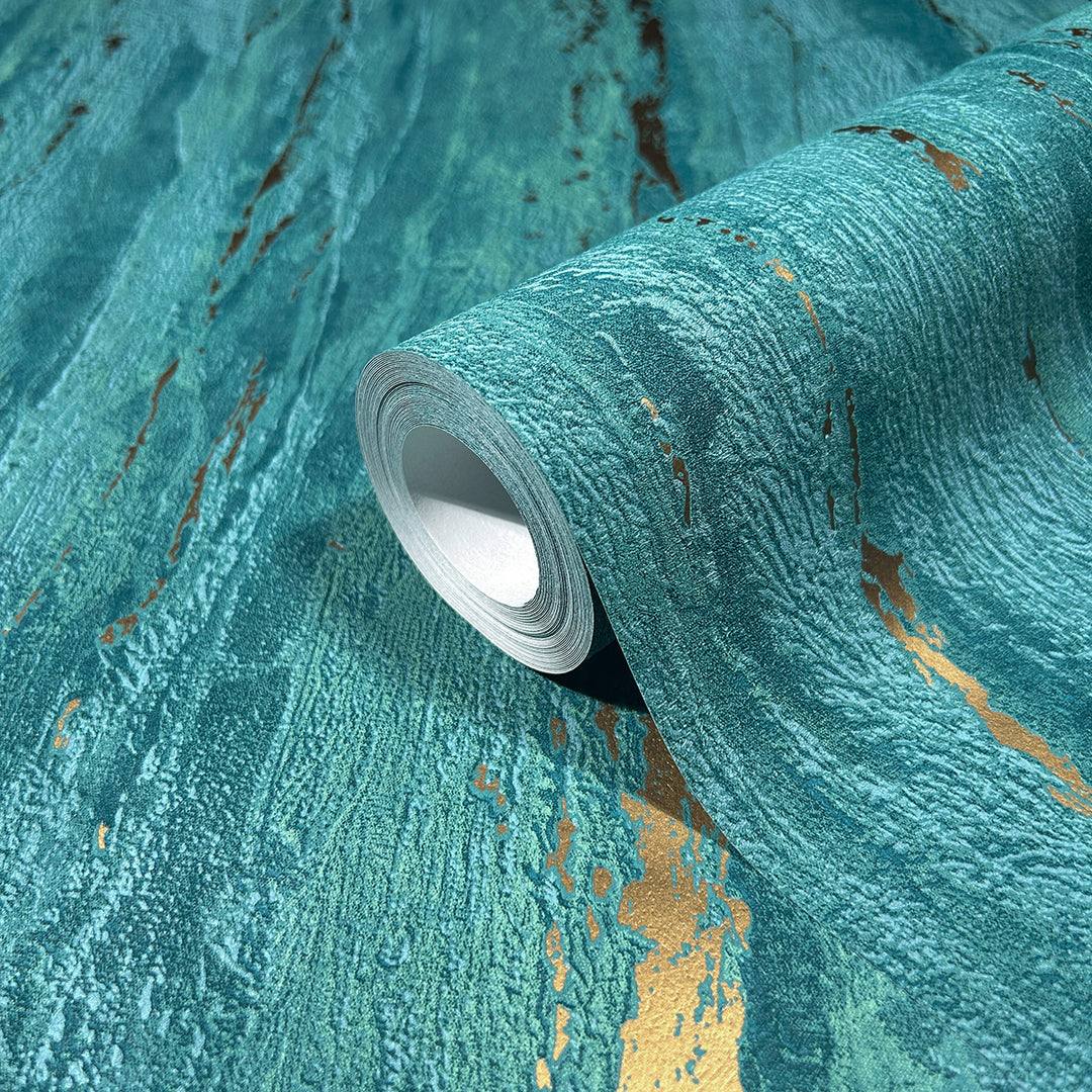 Луксозен Тапет Вертикална мазилка Тюркоазено-златно City Romance