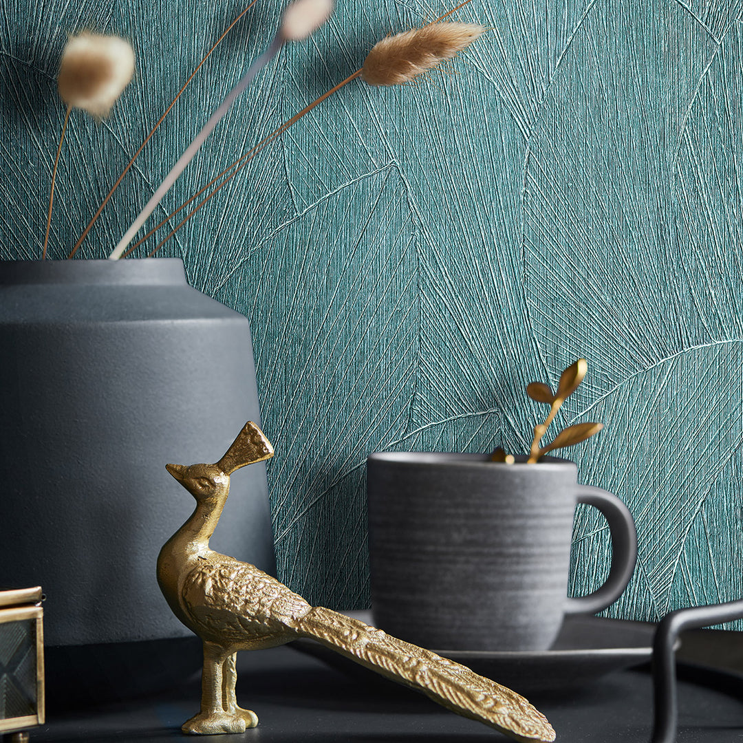 Винилов високоустойчив Тапет Релефни листа Тюркоазено Timber