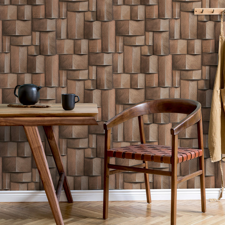 Винилов високоустойчив Тапет 3D Дървено пано Кафяво Timber