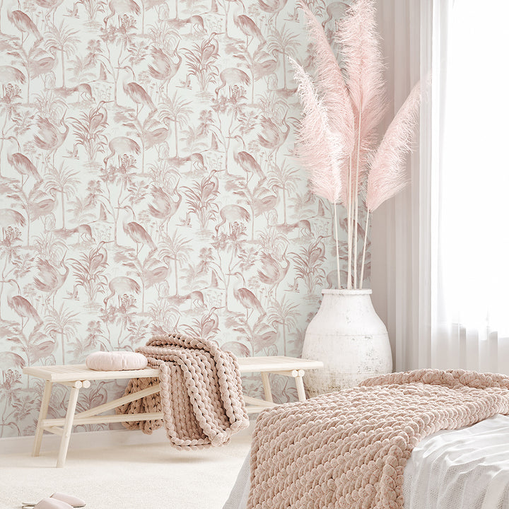 Високоустойчив Тапет Розови Чапли Бяло Еден