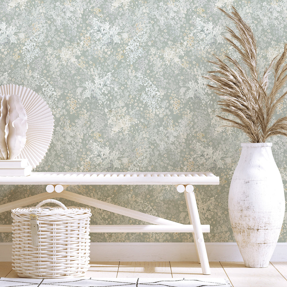 Високоустойчив Тапет Акварелни цветя Зелено Еден