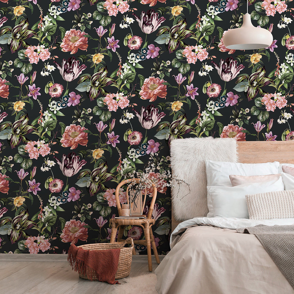 Високоустойчив Тапет Нощни цветя Черно Еден