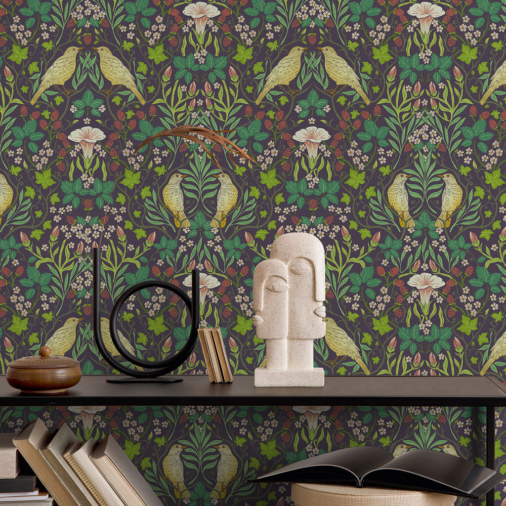 Еко Тапет Флора и птици Черно Наследство