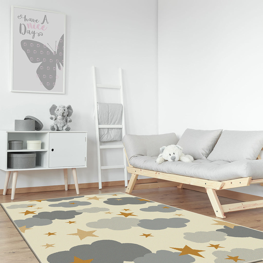 Бюджетен Килим Lanu Облаци звезди Кремаво Стандартен / 100х150 см